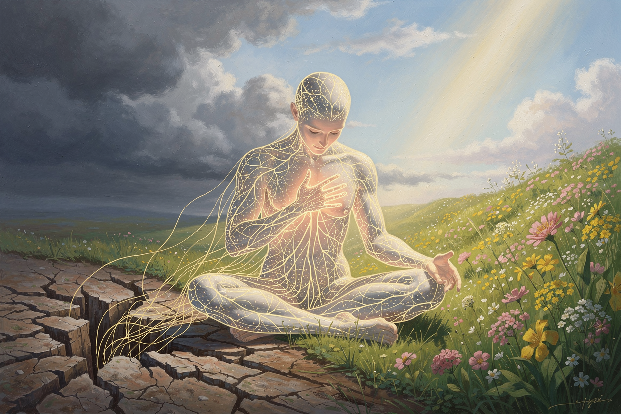 Абстрактная картина: силуэт человека из светящихся нейронных связей на фоне перехода от трещиноватой земли к цветущему ландшафту, символизирующая психологическую поддержку в финансовых трудностях.