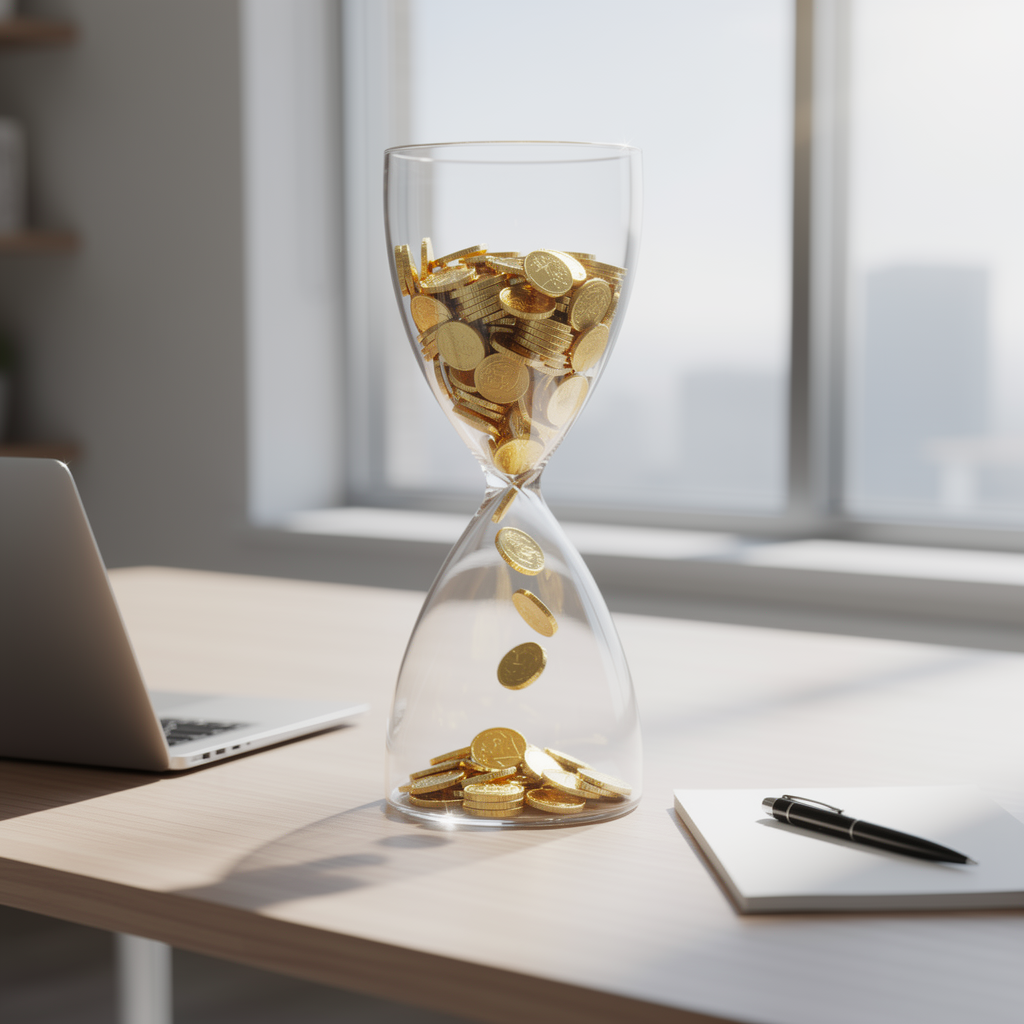 Стилизованные песочные часы с золотыми монетами на столе в офисе, символизирующие краткосрочный беспроцентный заём