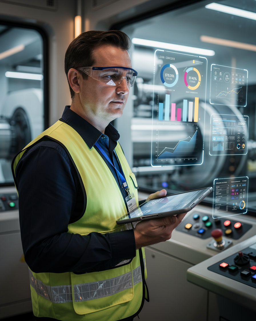 Инженер анализирует финансовые данные в современном промышленном центре управления