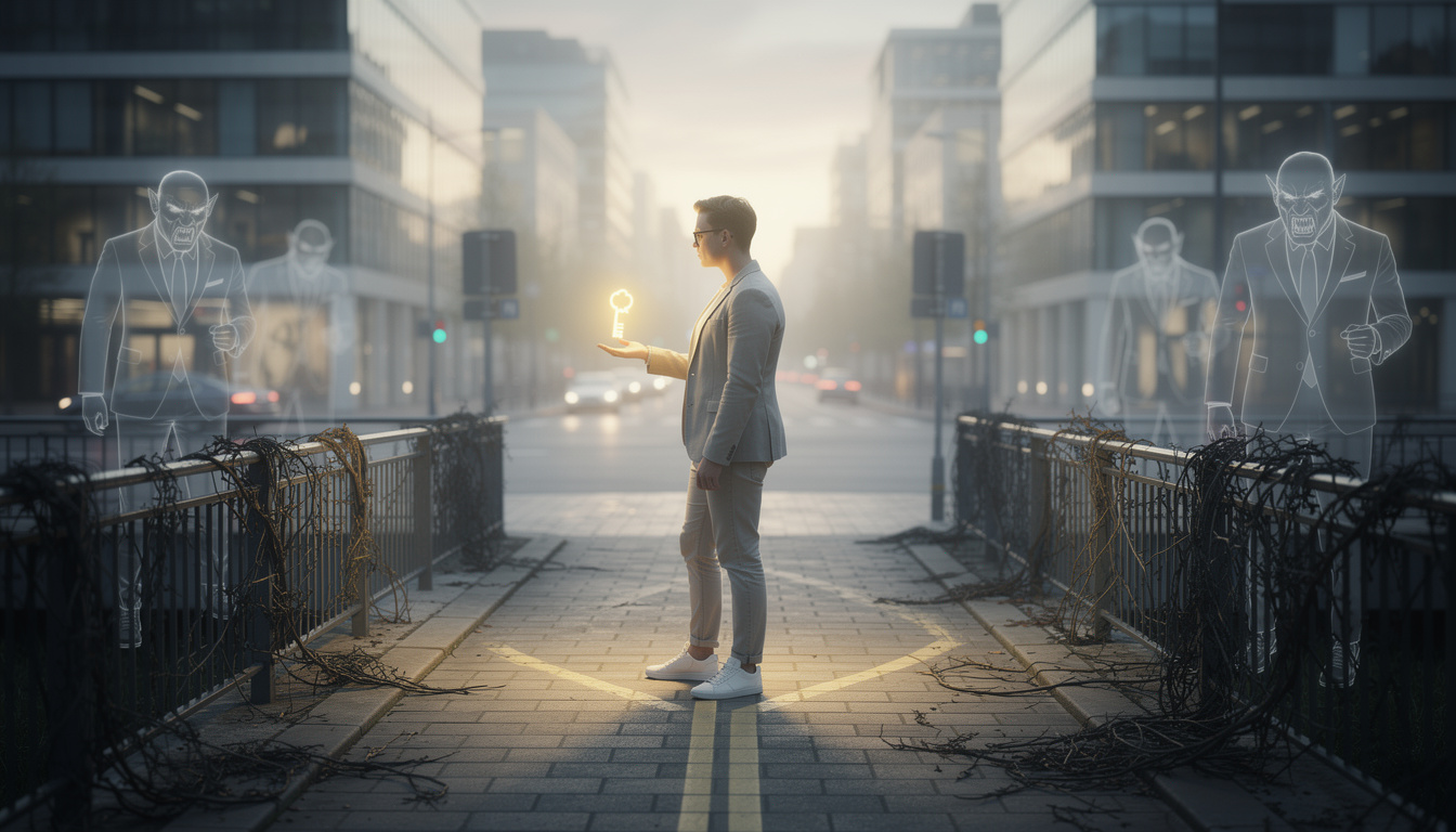 Человек с ключом на перекрестке, символизирующий выбор пути без долговых ловушек.