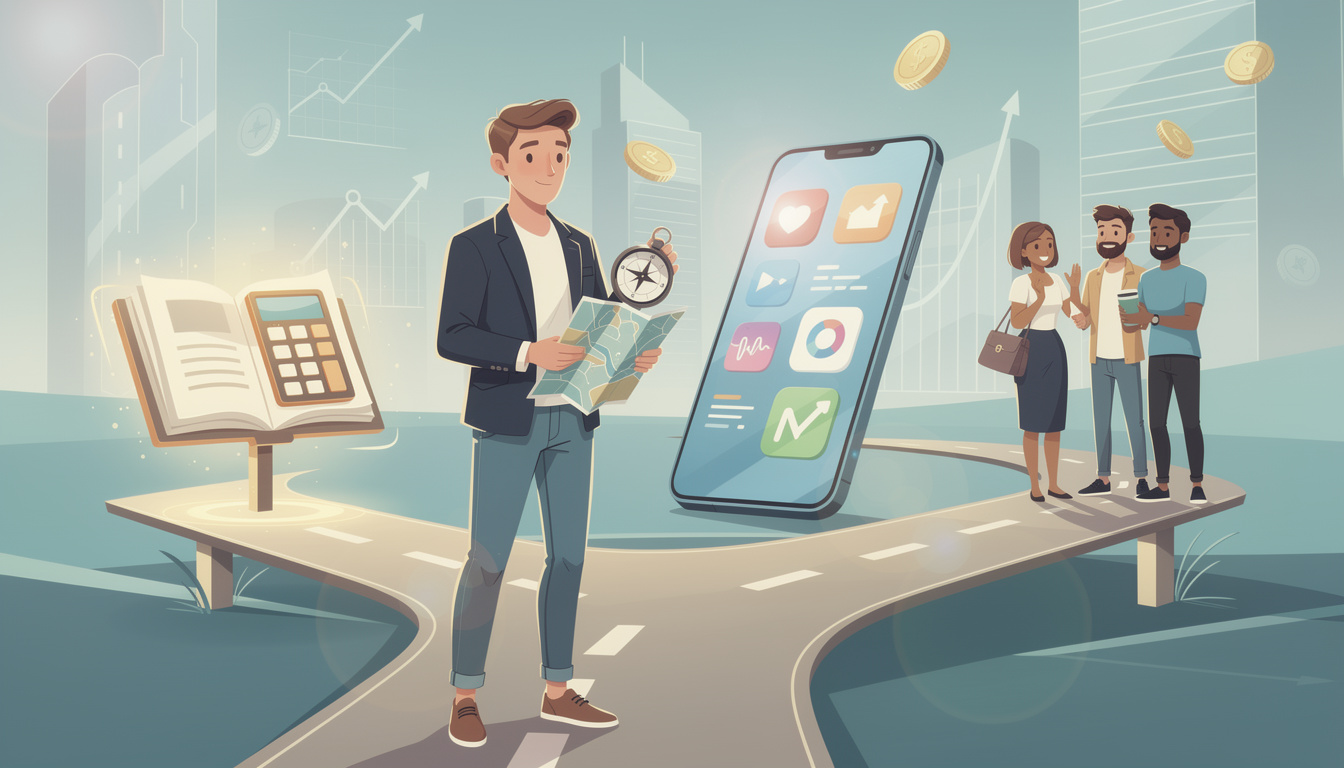 Человек уверенно выбирает свой путь в символическом финансовом пейзаже, представляя самостоятельное управление финансами.