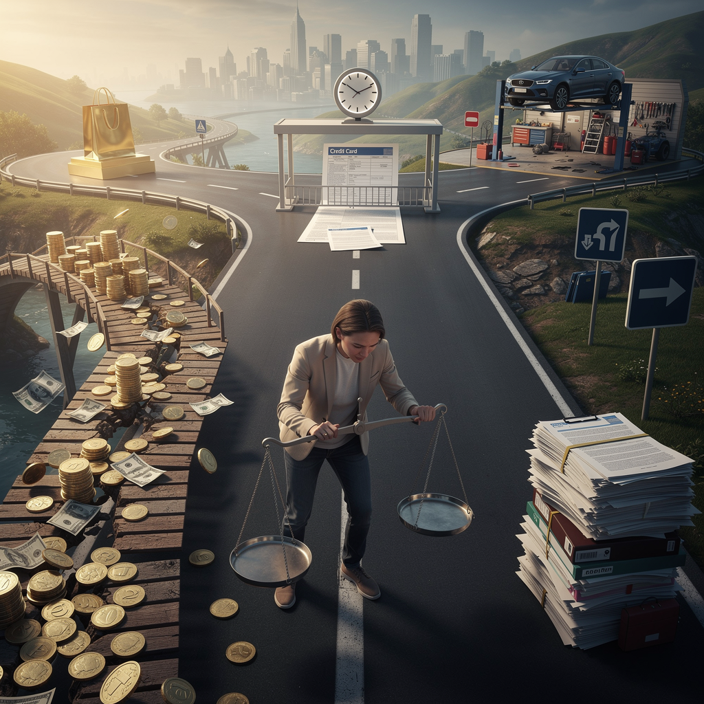 Человек на перепутье финансовых решений, взвешивающий быстрые микрозаймы, кредитные карты с проверкой дохода и долгие банковские кредиты для крупных покупок.