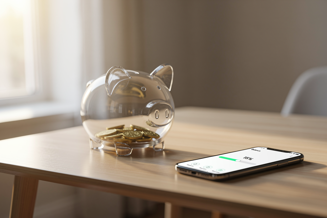Стеклянная копилка с монетами на столе у окна, на фоне экрана смартфона с простым интерфейсом банковского приложения.
