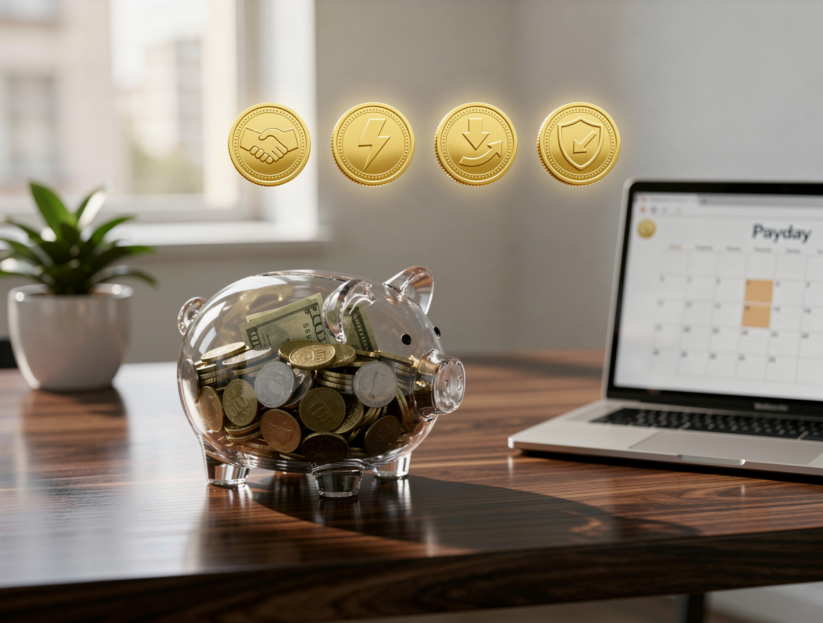 Прозрачная копилка с монетами и купюрами на столе, символизирующая выгодные займы до зарплаты.