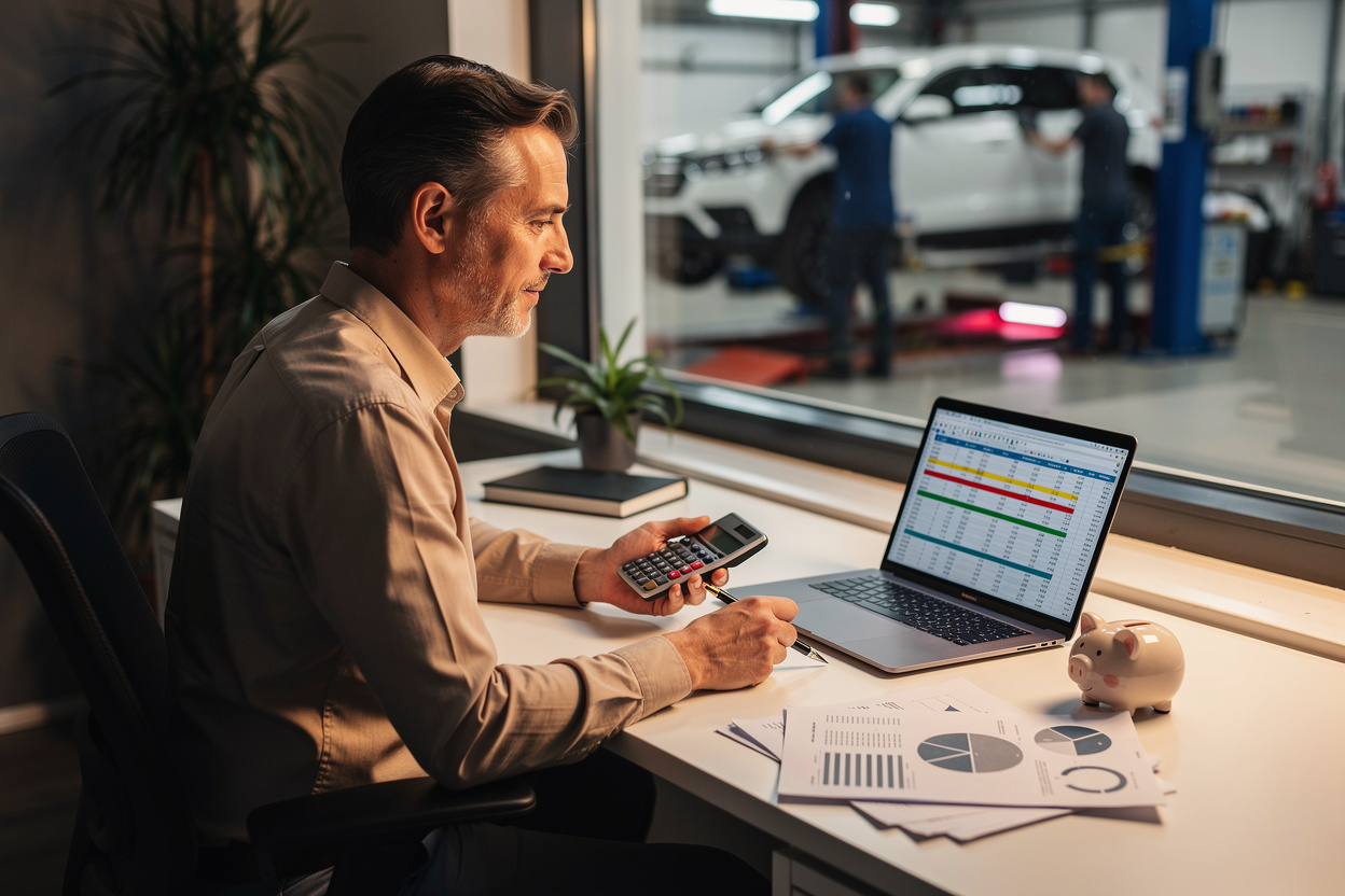 Финансово грамотный человек планирует бюджет и оценивает займы в домашнем офисе, с символами разумных инвестиций и подушки безопасности.