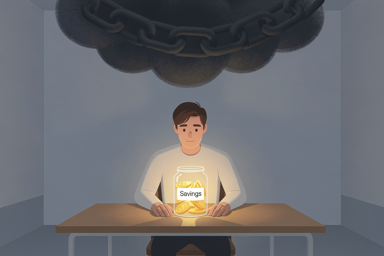 Символическое изображение человека за столом с банкой сбережений под угрозой долгового облака, подчеркивающее риски использования кредита для инвестиций.