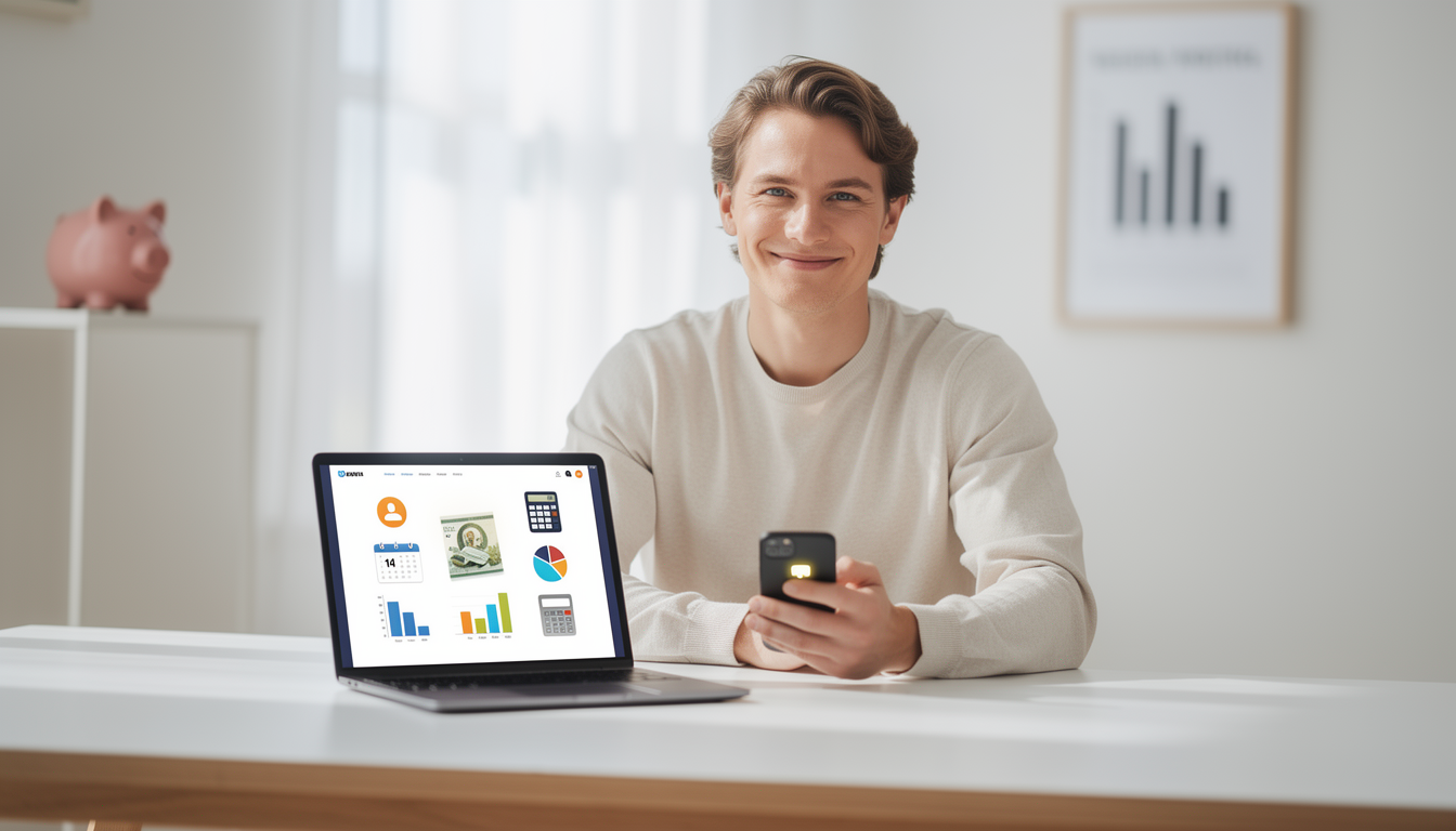 Человек за столом с ноутбуком и телефоном, демонстрирующий процесс оформления займа до зарплаты в уютной обстановке.