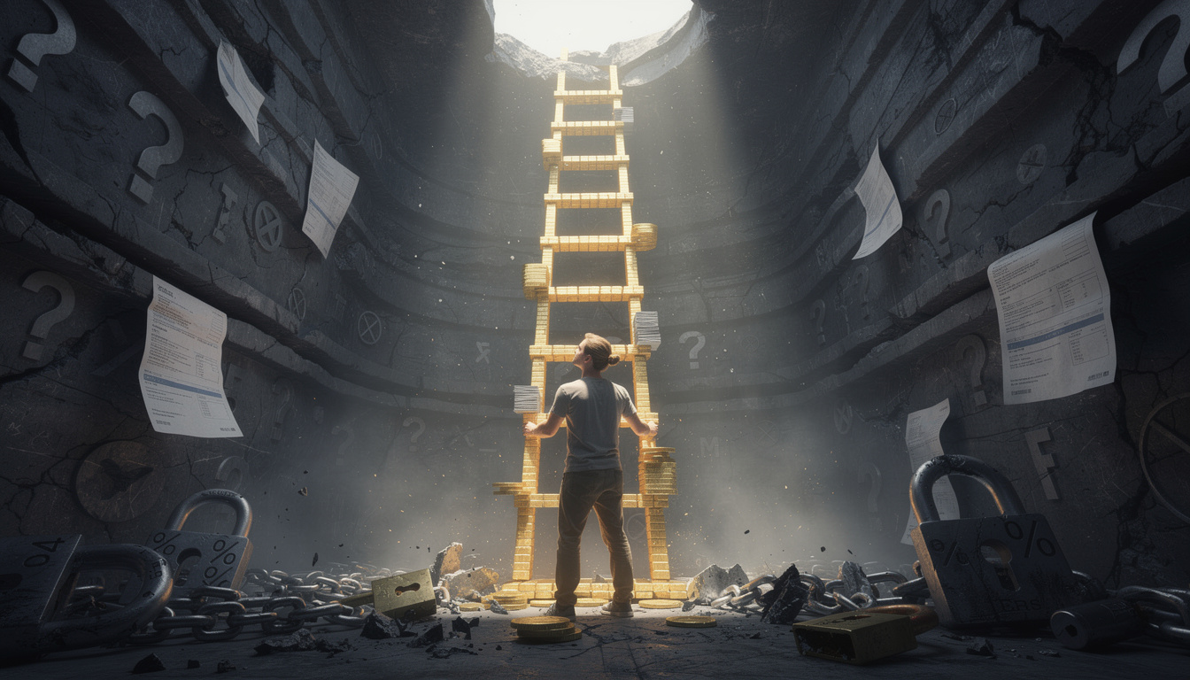 Человек в долговой яме держит лестницу из монет и документов, смотря на свет вверху, символизируя выход из финансовых трудностей.