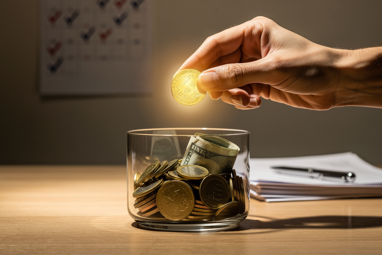 Символическое изображение финансовой дисциплины: рука аккуратно кладет золотую монету в прозрачную копилку на организованном рабочем столе.