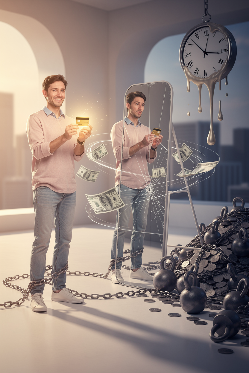 Символичное изображение человека, проходящего стадии от отрицания до зависимости от долгов, с изменяющейся обстановкой и эмоциями.