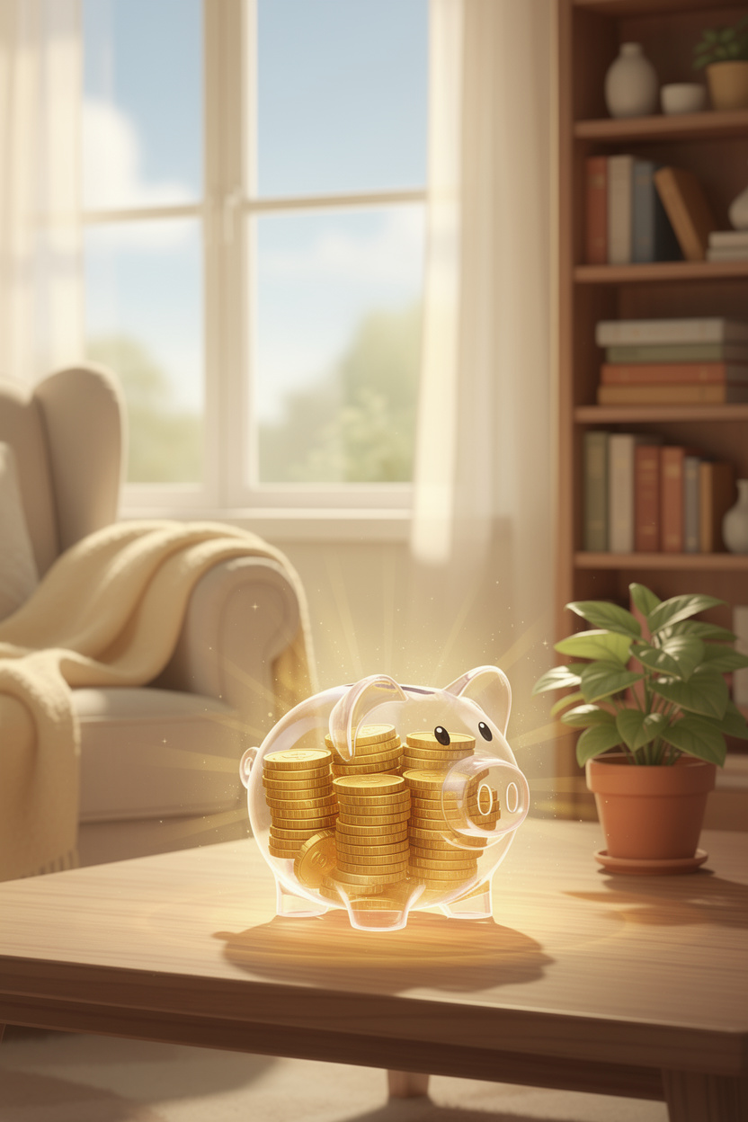 Символическое изображение финансовой подушки безопасности в виде светящейся копилки с монетами в уютном доме.