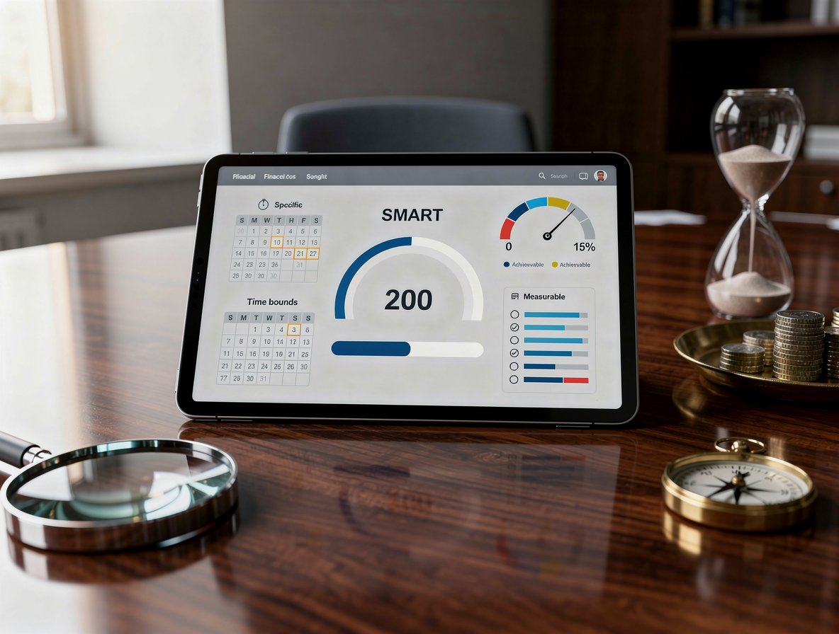 Современный планшет с финансовым дашбордом, визуализирующим критерии SMART через индикаторы и символы на столе в офисе.