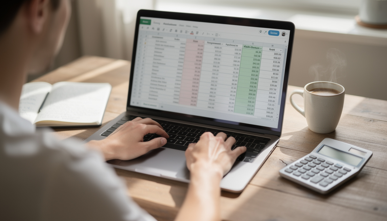 Руки человека, заполняющего таблицу с данными о долгах на ноутбуке в спокойном домашнем офисе.