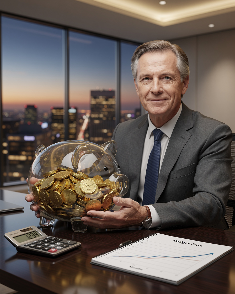 Финансовый консультант с прозрачной копилкой, показывающей накопления на 3-6 месяцев, в современном офисе.