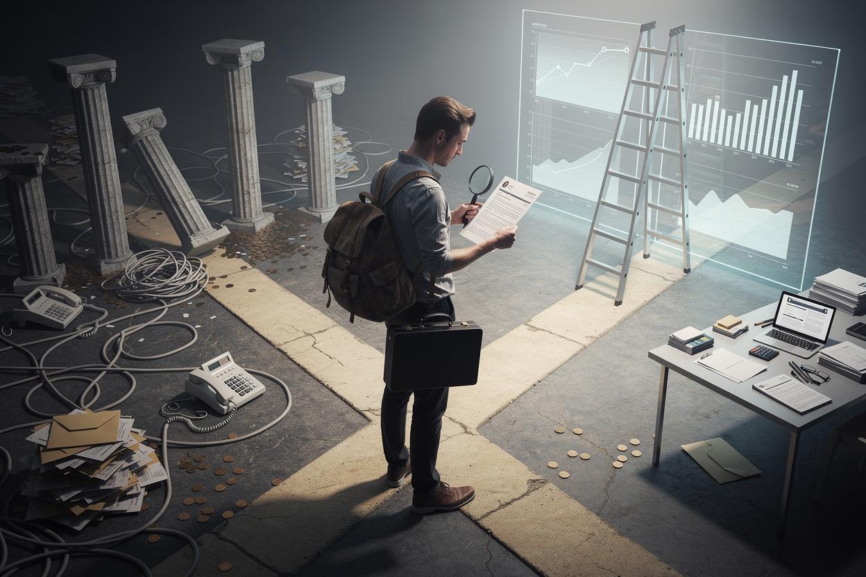Человек на распутье между хаотичным миром долгов и упорядоченной финансовой стратегией, оценивающий свои ресурсы.