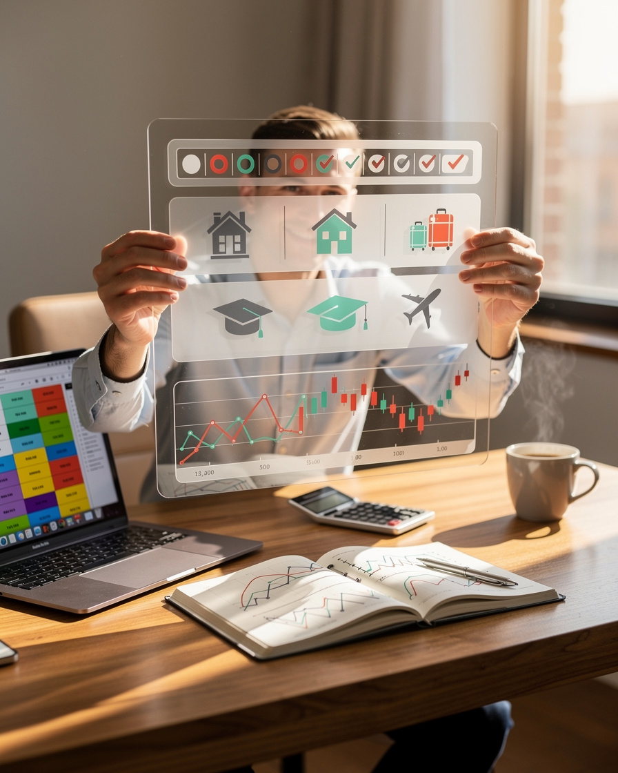 Руки держат прозрачную доску с многоуровневым финансовым планом на столе в домашнем офисе