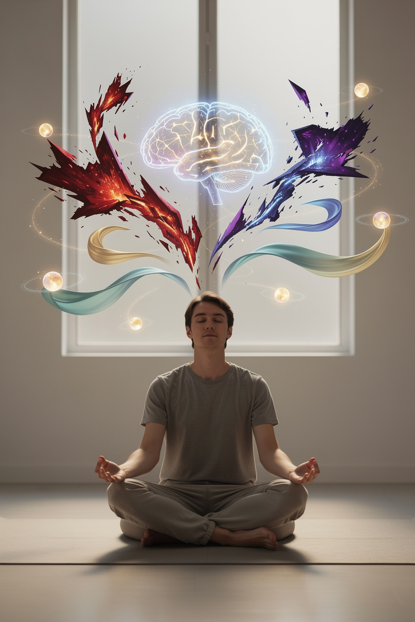 Человек в медитации наблюдает за своими эмоциями, представленными в виде абстрактных форм, символизирующих психологическую подготовку.