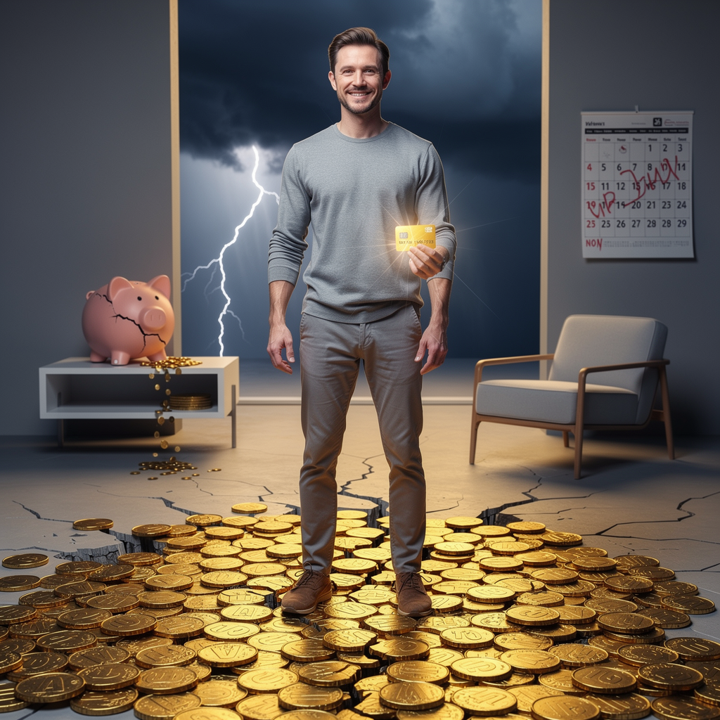 Человек стоит на хрупком полу из монет, держа кредитную карту, символизируя иллюзию финансовой безопасности при неверном формировании подушки.