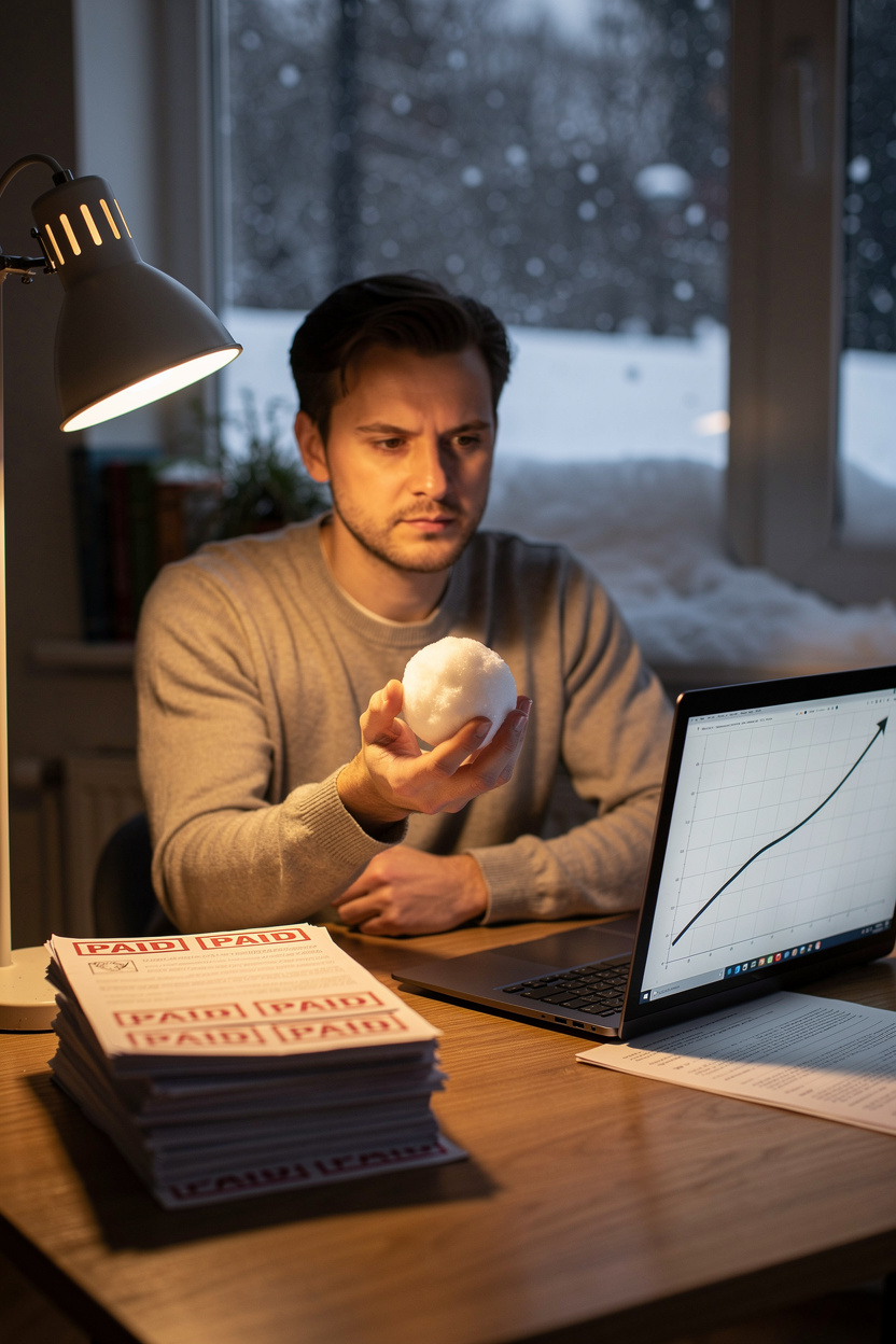 Человек держит снежок в руке, сидя за столом с графиком роста и уменьшающейся стопкой бумаг, символизируя стратегию «снежный ком» с её преимуществами и недостатками.