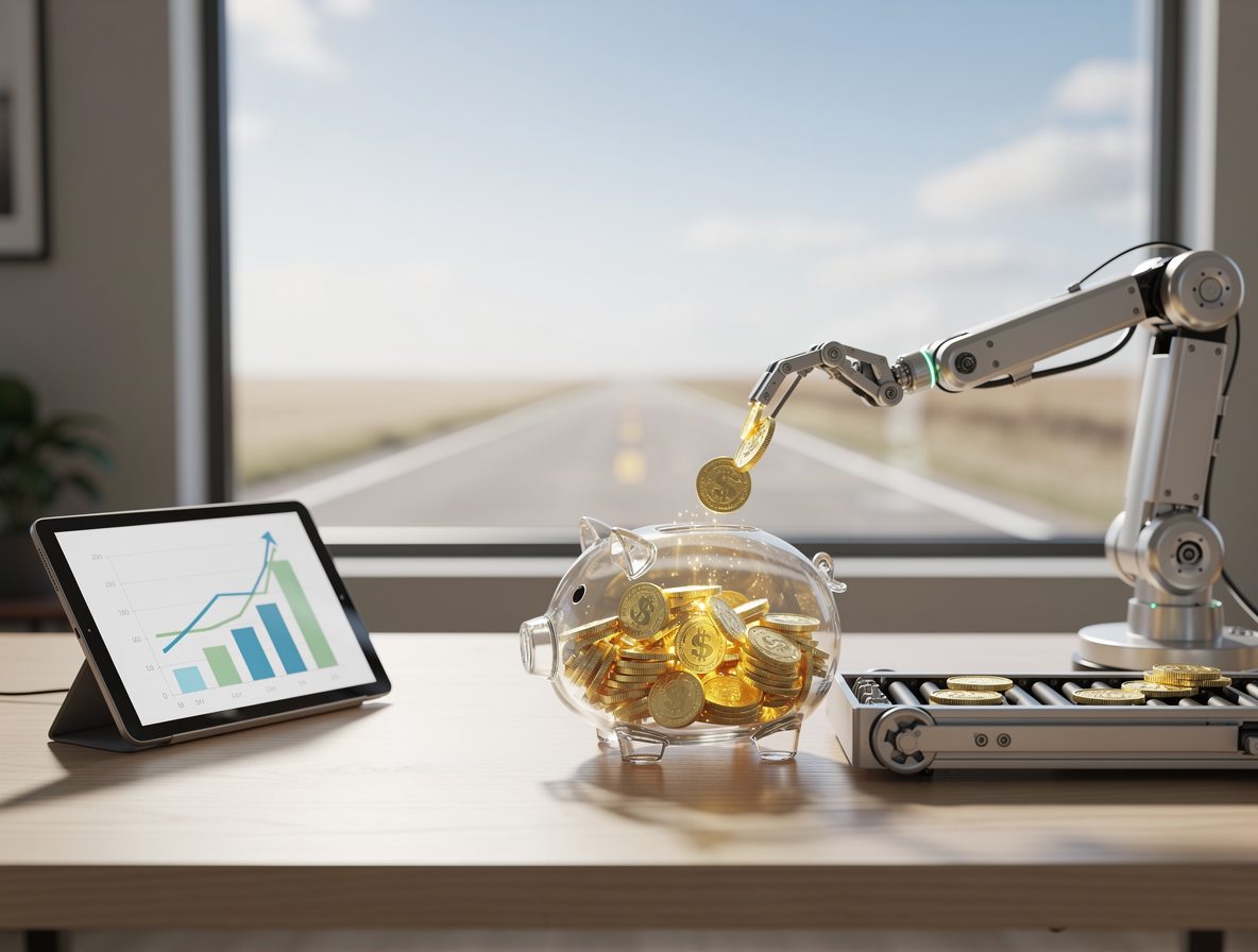 Автоматизированная система накоплений в виде роботизированной руки, наполняющей копилку монетами на фоне прямого пути к горизонту.