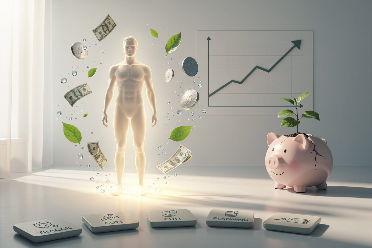 Стилизованное изображение человека в процессе финансового детокса, где деньги превращаются в природные элементы, символизируя очищение и обновление.