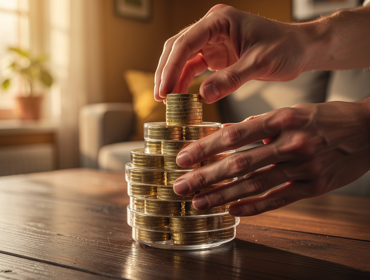 Руки, строящие копилку из золотых монет на фоне уютного дома, символизирующие создание финансовой подушки.