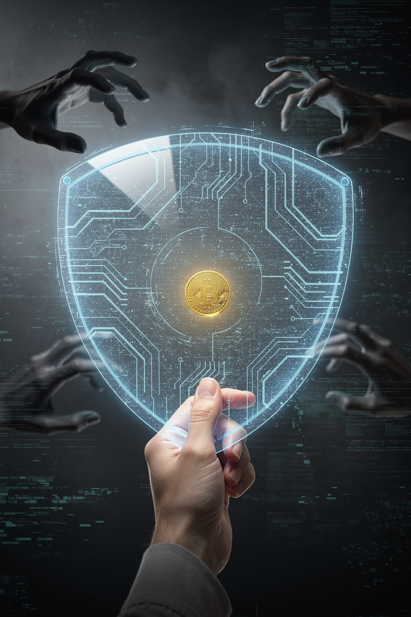 Рука защищает золотую монету светящимся щитом от теневых рук в туманной среде, символизируя безопасность от мошенников при управлении долгами.