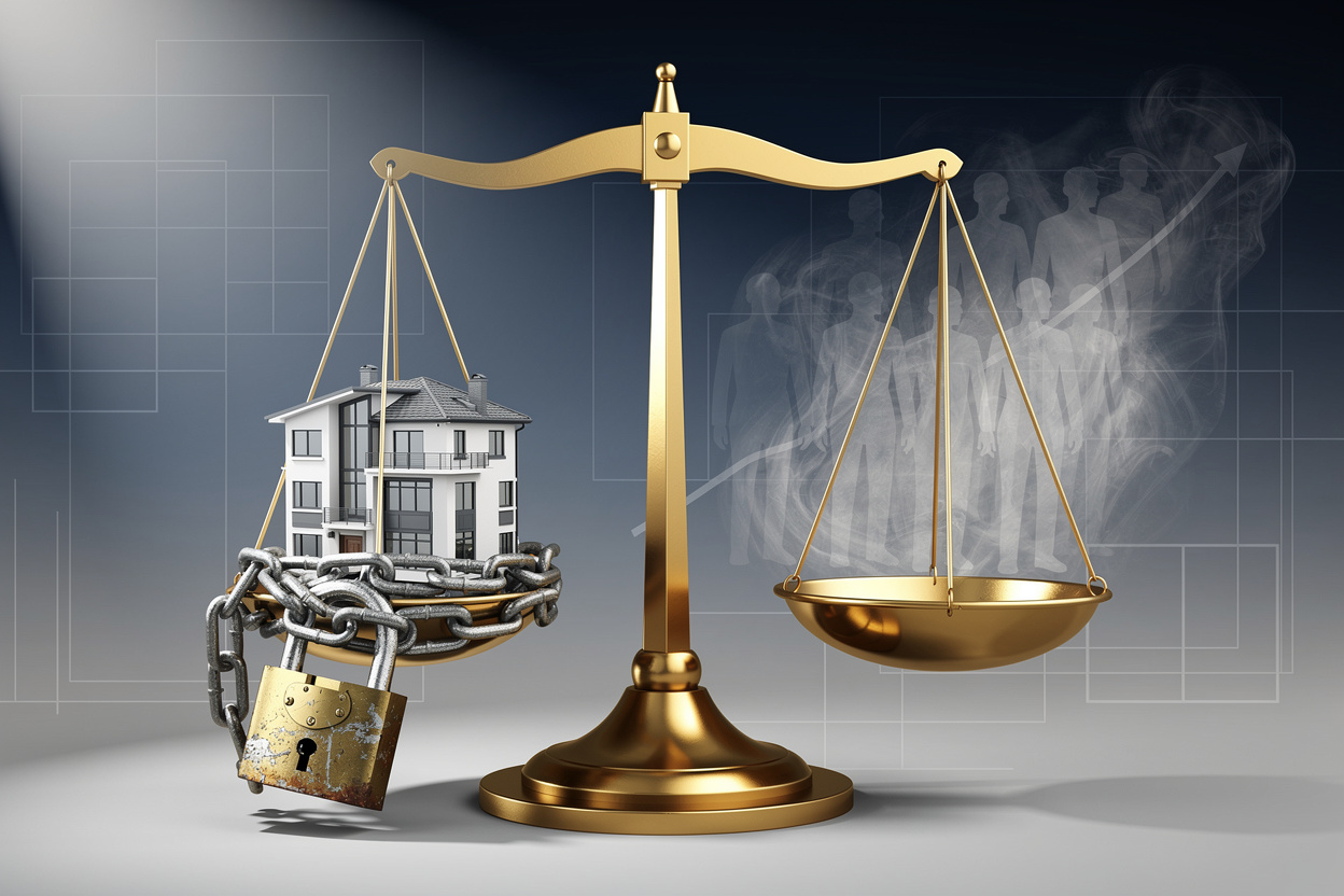 Символическое изображение весов правосудия с запертой стороной, на которой стоит дом, и пустой стороной с исчезающими фигурами потребителей на фоне юридических узоров.