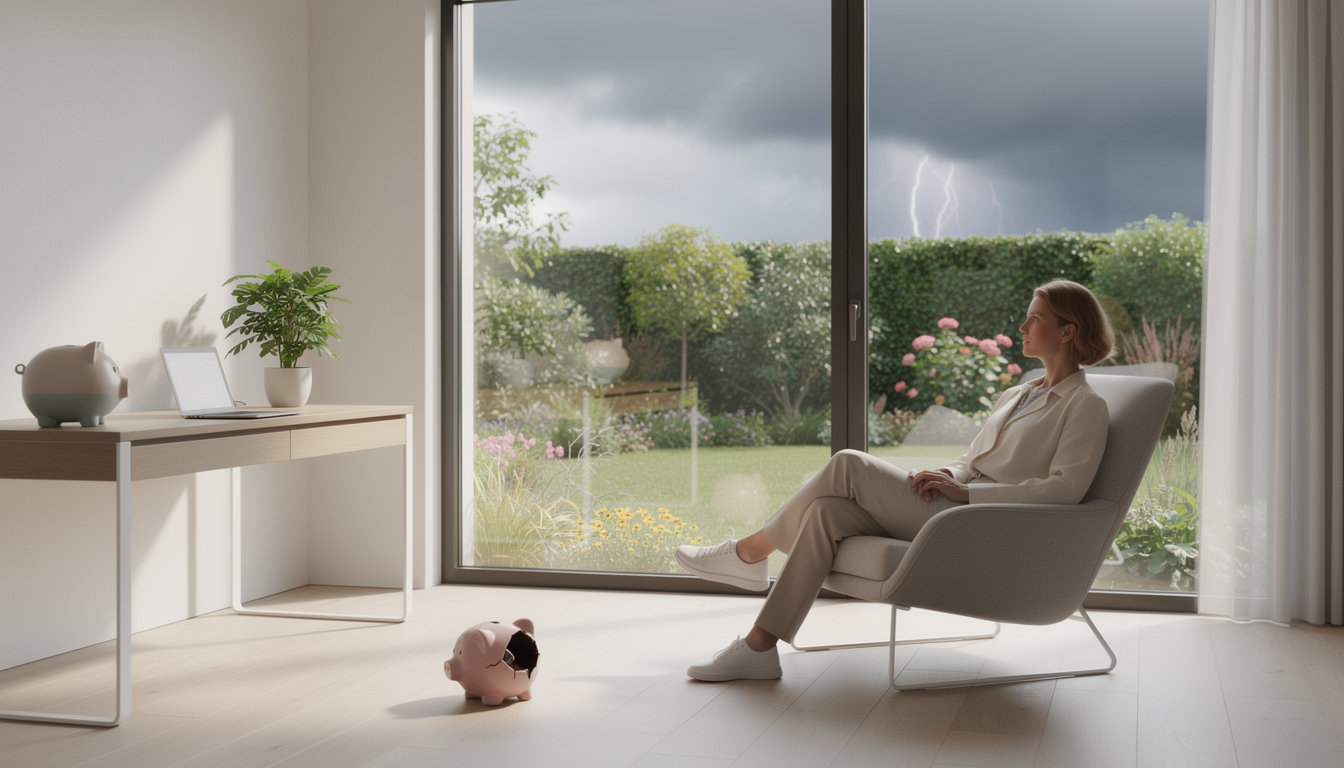 Человек в минималистичной комнате смотрит в окно на сад, символизируя финансовый детокс с элементами рисков.