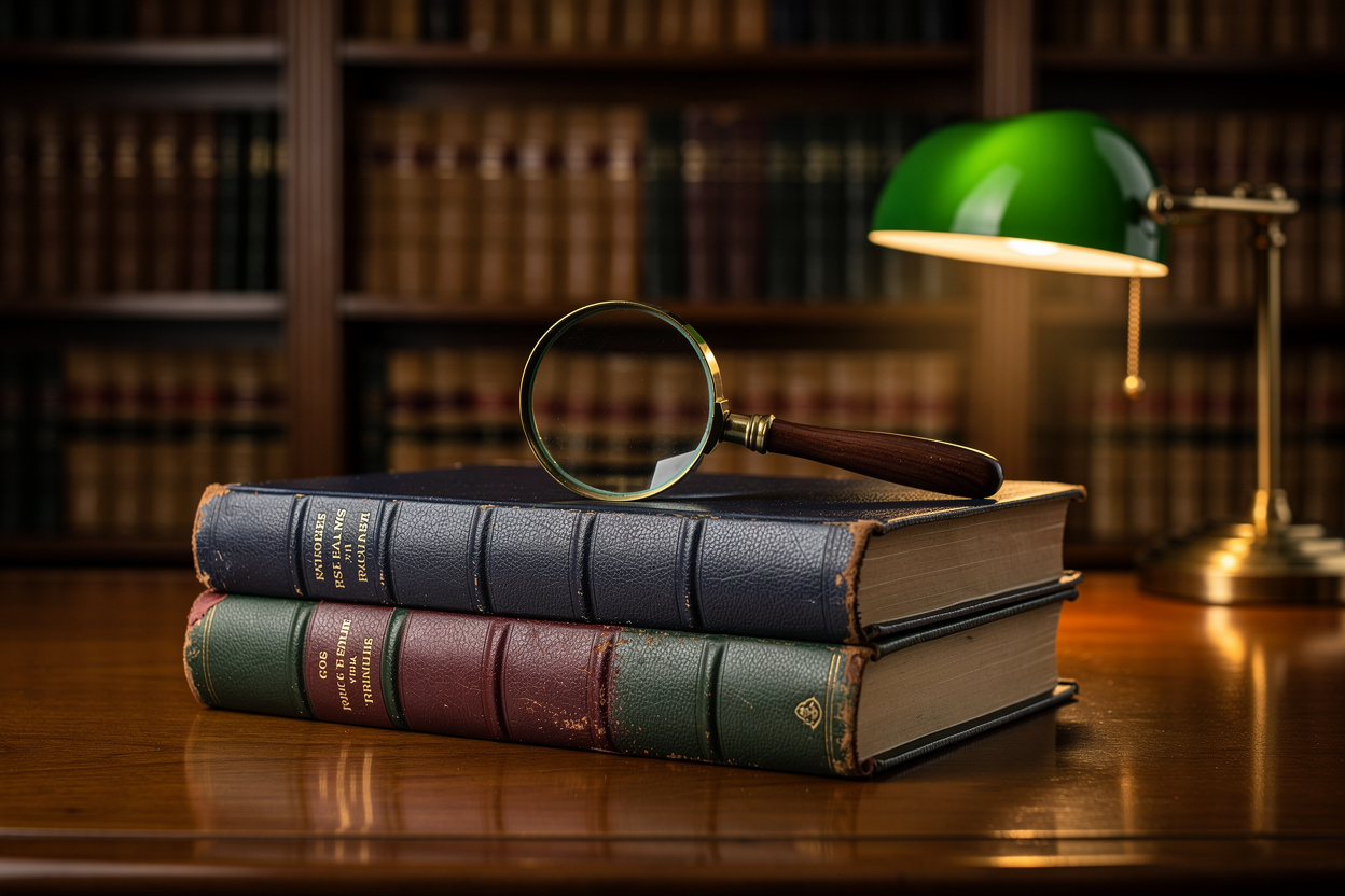 Минималистичная композиция на деревянном столе в библиотеке: стопка старинных книг в темных тонах с бронзовой лупой, символизирующая классические финансовые труды.