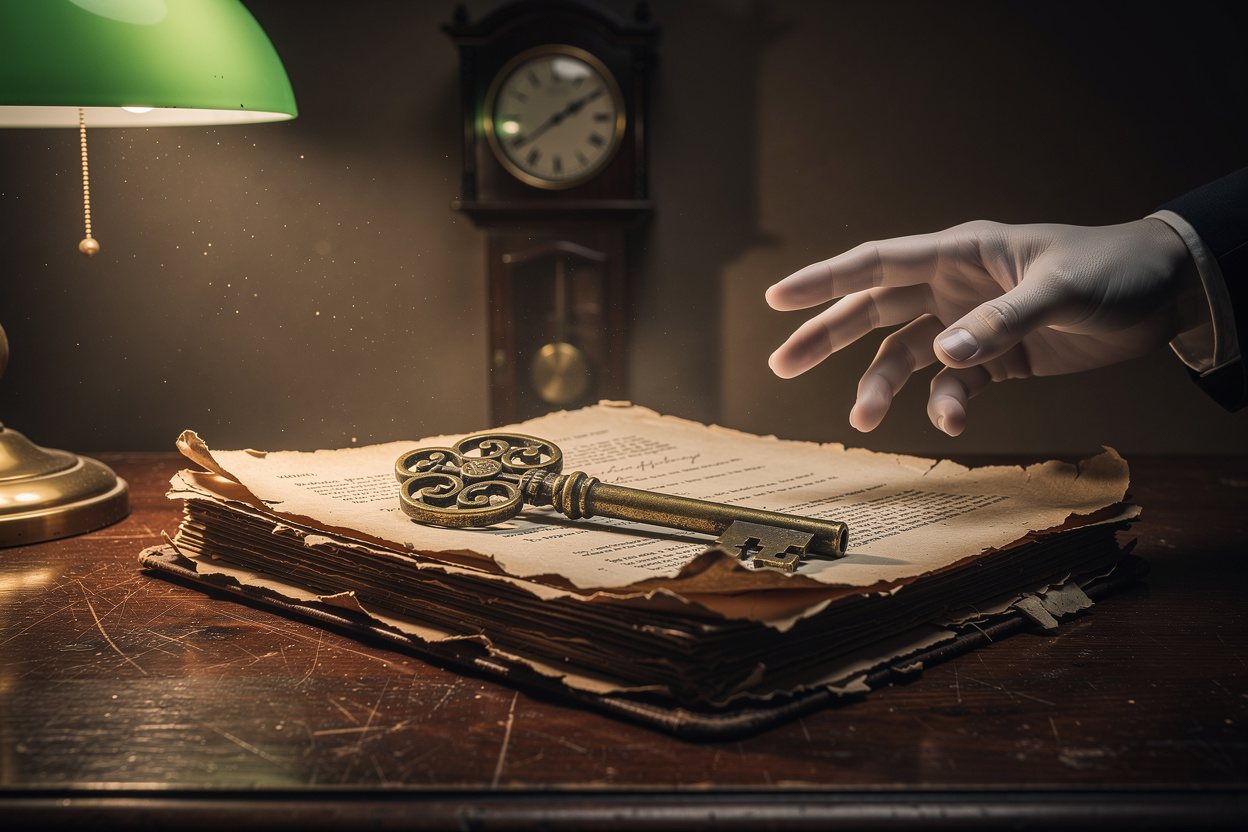 Старинный ключ на документах в кабинете, символизирующий штрафы и обязательства по наследству.