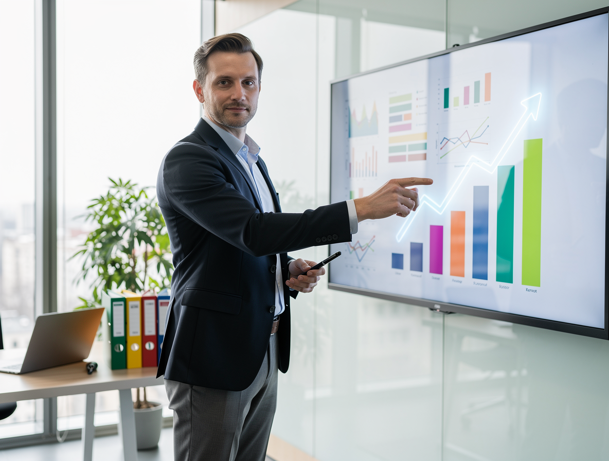 Профессионал в современном офисе демонстрирует на экране графики управления долгами.