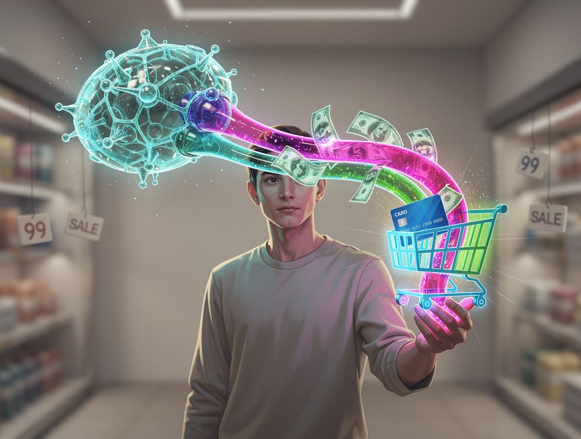 Человек в спокойной обстановке, на которого воздействуют светящиеся триггеры, вызывающие импульсивное желание потратить деньги.