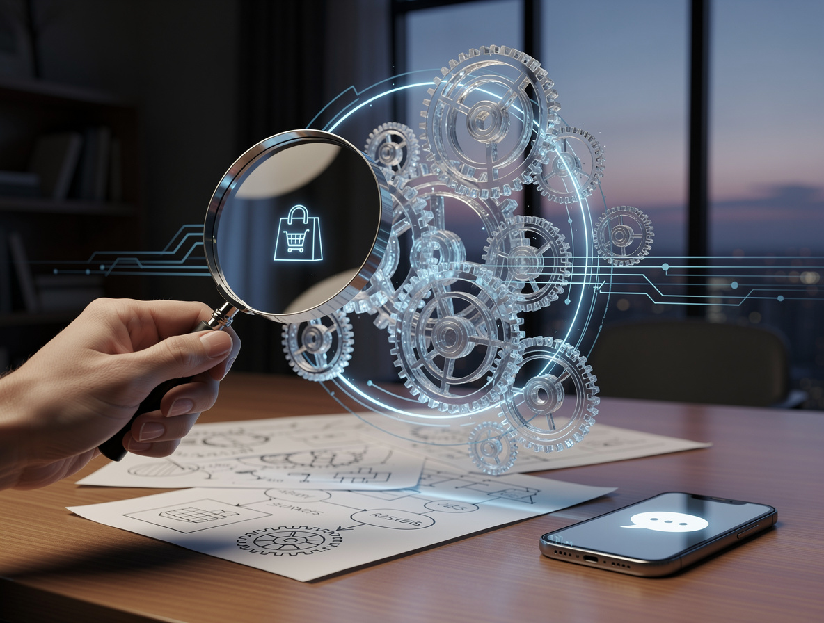 Рука с лупой анализирует прозрачный механизм с синими линиями энергии, символизирующий техники осознания и диагностики в обстановке кабинета.