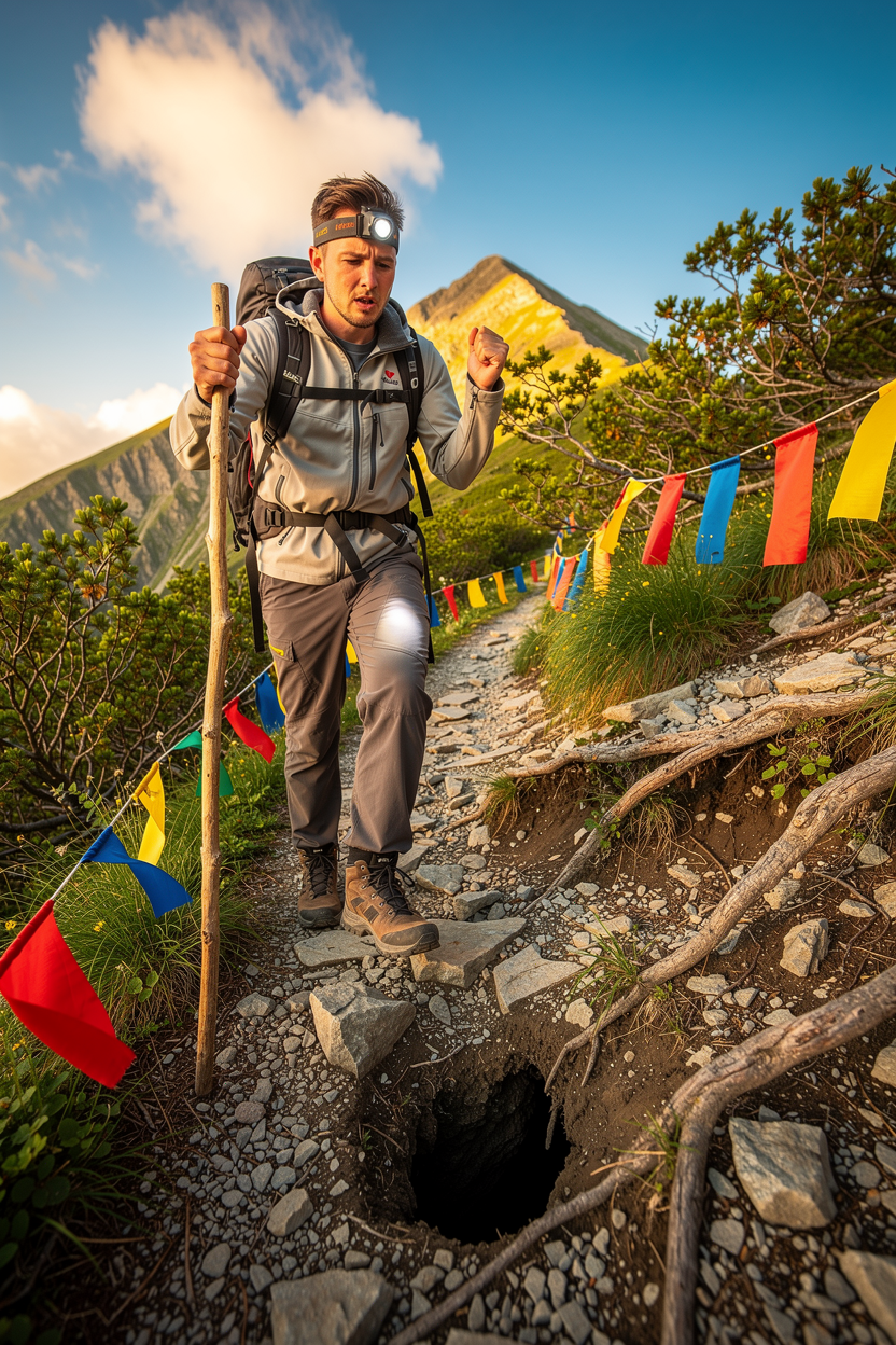 Сосредоточенный путешественник уверенно поднимается по горной тропе, обходя ловушки на пути к вершине.