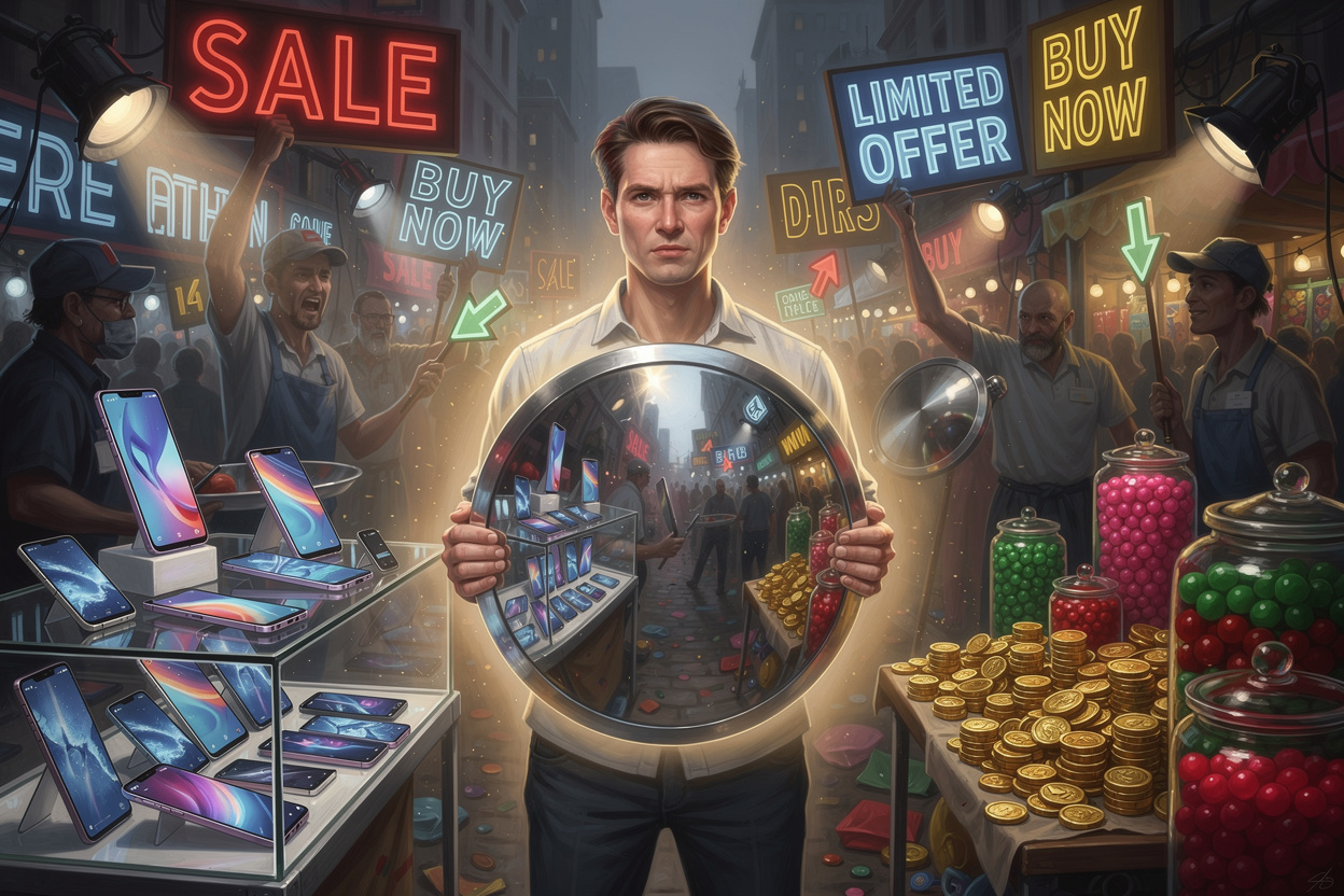 Человек с защитным щитом в ярком маркетинговом окружении, символизирующий сопротивление триггерам.