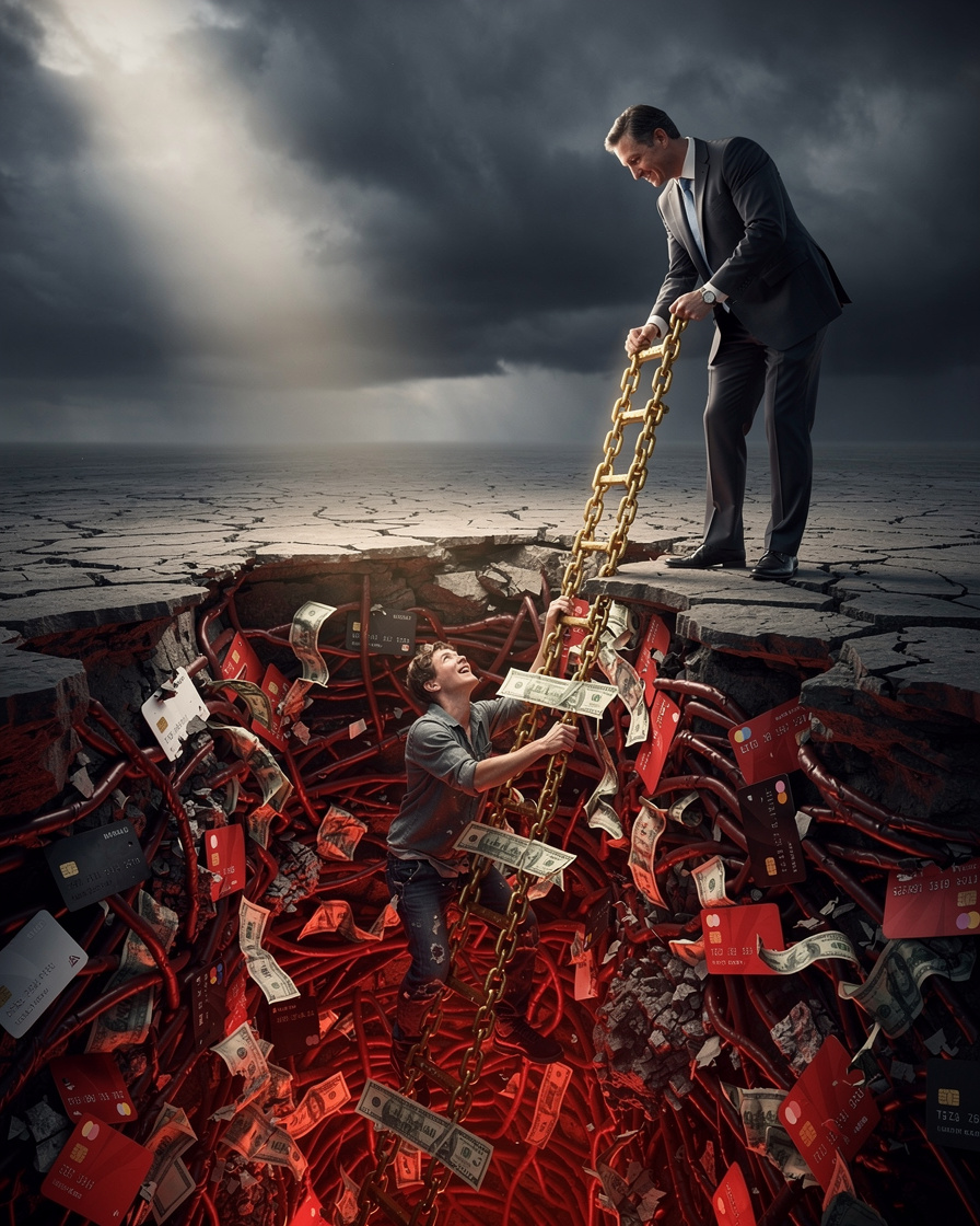 Человек в яме из долгов получает помощь от финансового консультанта.