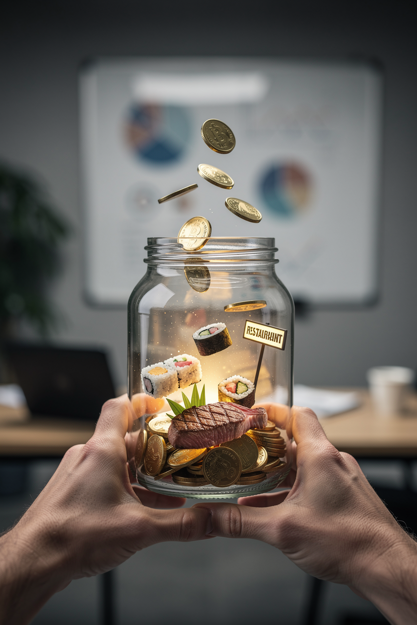 Руки держат стеклянную банку с символами финансовых решений на фоне офиса.