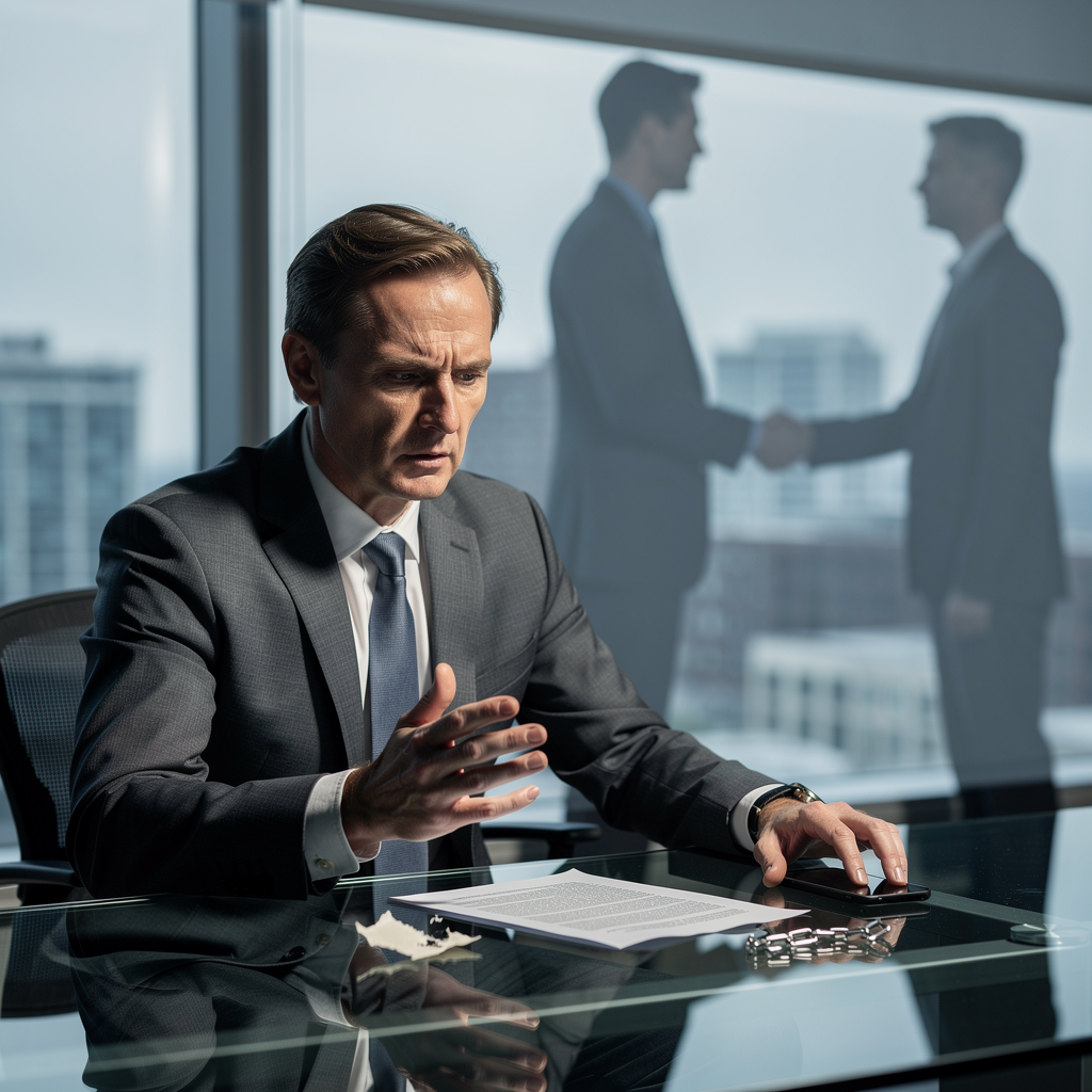 Бизнесмен в офисе испытывает внутренний конфликт, связанный с отказом от поручительства, символизируемый разорванными связями и напряжённой атмосферой.