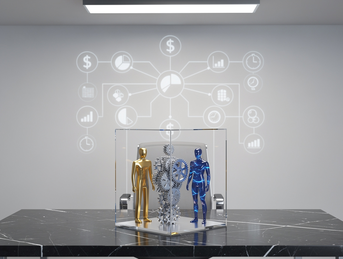 Стилизованное изображение финансовых ролей в виде фигур внутри прозрачного куба в современном офисе.