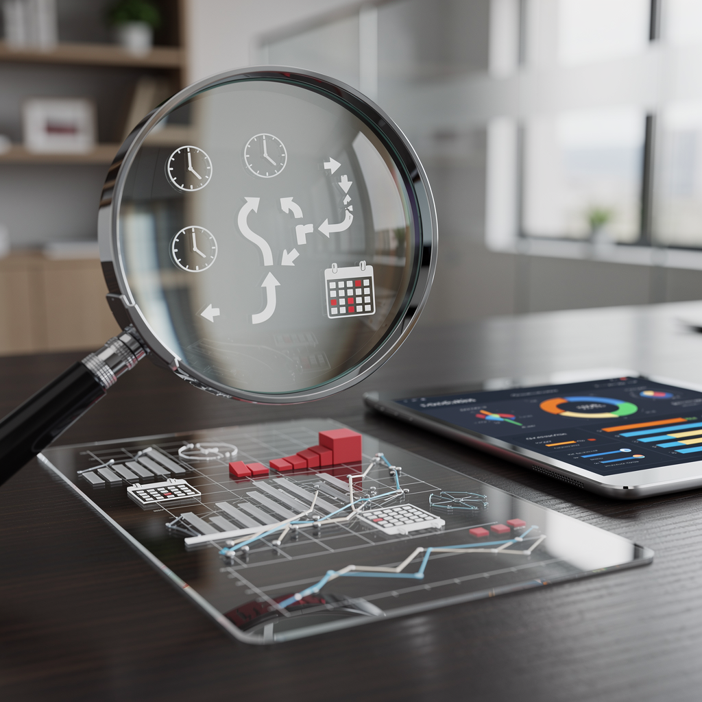 Увеличительное стекло над документом с финансовыми данными, символизирующее тщательную проверку бизнес-партнёра